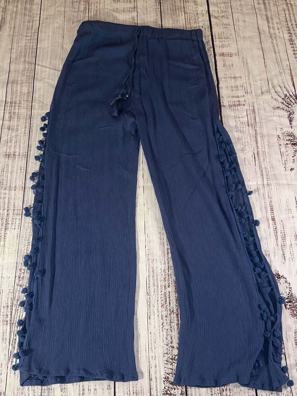 Kiwi & Punch Blue Boho Wide Leg Palazzo Pants with Side Slit and Pom Pom Trim-L